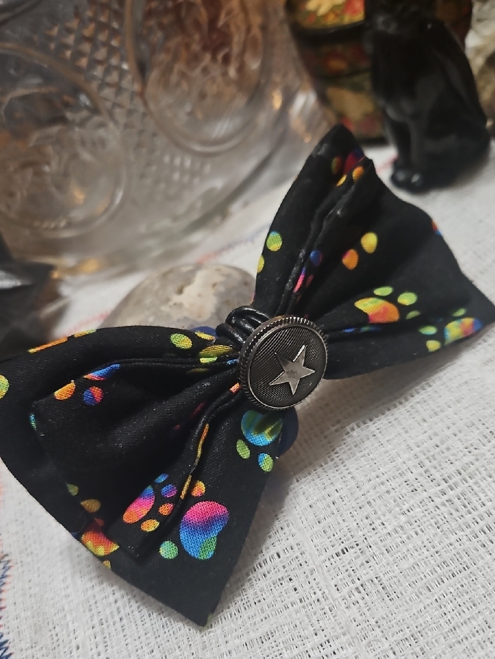 RESERVED 4 MS.BELLA Hand Crafted Dog Collar Bow Tie✨️Neon Colorful Paw Prints